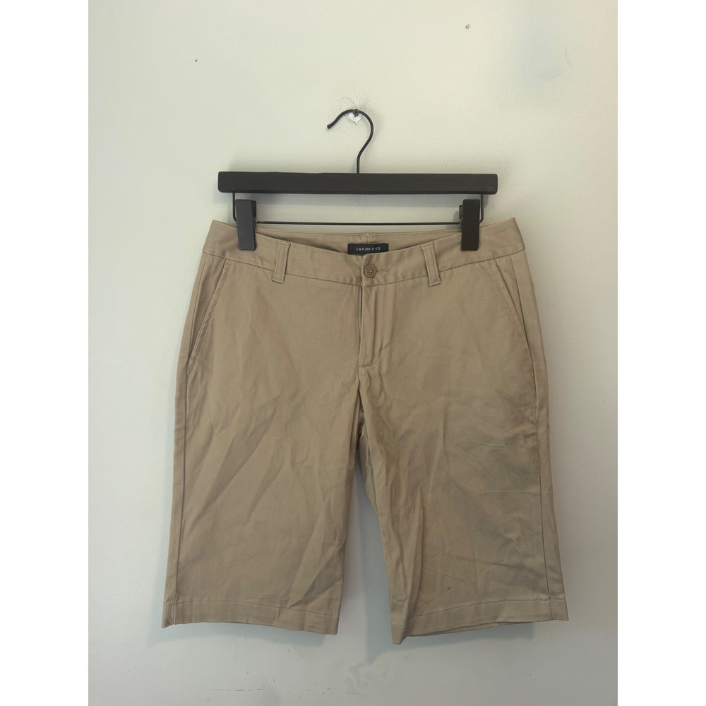 Lands End Womens Khaki Chino Shorts Tan Cotton Stretch Size 4 Knee Length Casual